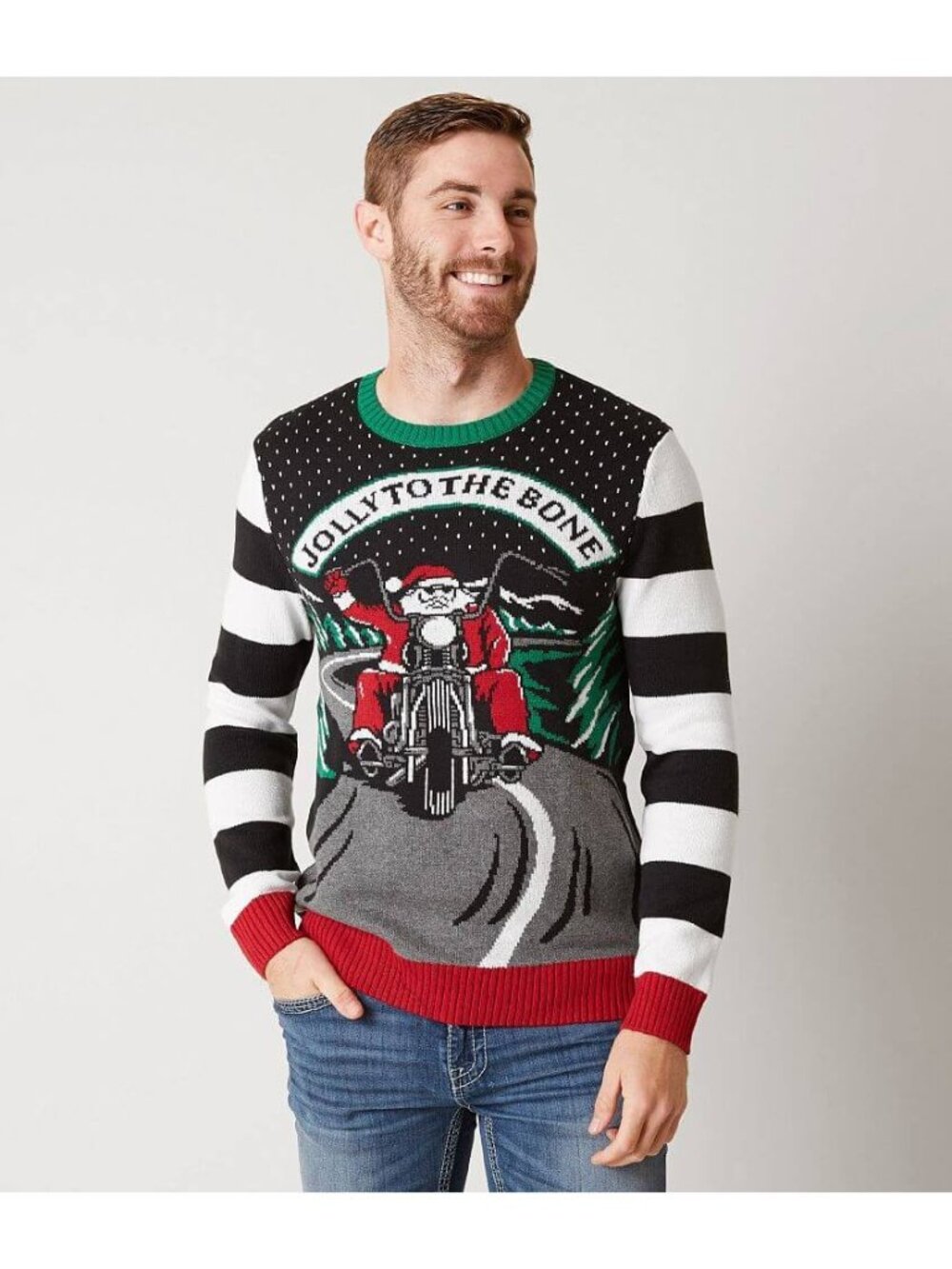 Ugly Christmas Sweater Men's Santa on a Motorcycle Size Medium Black Gray